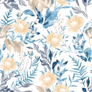 Papel de Parede Vinílico Floral Aquarela Azul e Amarelo 52cm x 9,5m