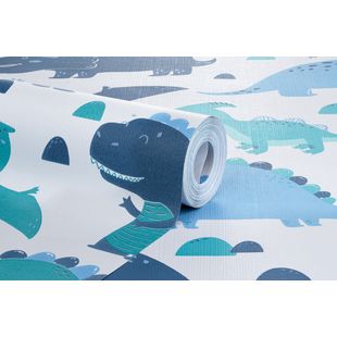 Papel de Parede Vinílico Dino Vetor Azul e Azul Marinho 52cm x 9,5m