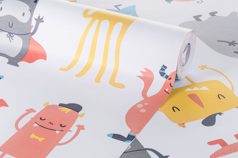 Papel-de-Parede-Vinilizado-Monstrinhos-Vermelho-e-Cinza-52cm-x-95m
