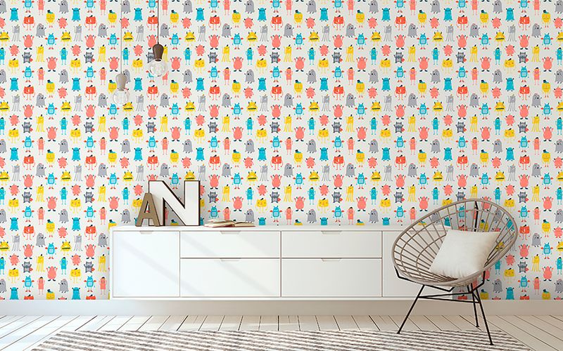 Papel-de-Parede-Vinilizado-Monstrinhos-Vermelho-e-Cinza-52cm-x-95m